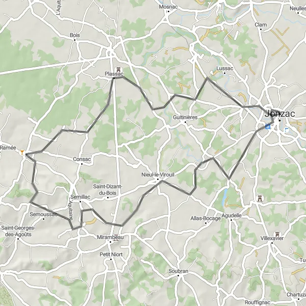 Miniature de la carte de l'inspiration cycliste "Parcours vers Nieul-le-Virouil" dans la Poitou-Charentes, France. Générée par le planificateur d'itinéraire cycliste Tarmacs.app