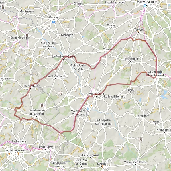 Miniature de la carte de l'inspiration cycliste "Les collines vertes de Saint-Laurent" dans la Poitou-Charentes, France. Générée par le planificateur d'itinéraire cycliste Tarmacs.app