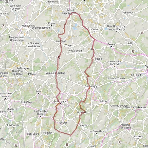 Map miniature of "Gravel Adventure through Poitou-Charentes" cycling inspiration in Poitou-Charentes, France. Generated by Tarmacs.app cycling route planner