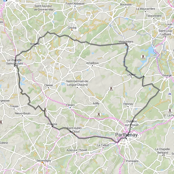 Miniature de la carte de l'inspiration cycliste "Tour des Châteaux Poitevins" dans la Poitou-Charentes, France. Générée par le planificateur d'itinéraire cycliste Tarmacs.app