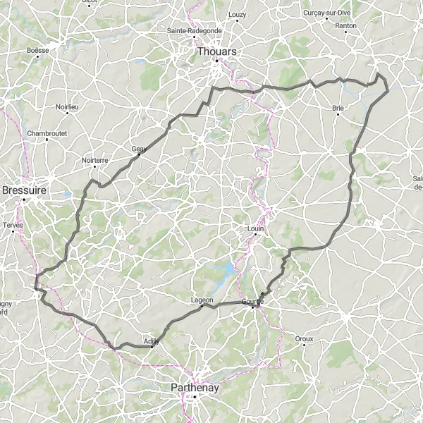 Miniature de la carte de l'inspiration cycliste "Randonnée des Châteaux et des Vestiges" dans la Poitou-Charentes, France. Générée par le planificateur d'itinéraire cycliste Tarmacs.app