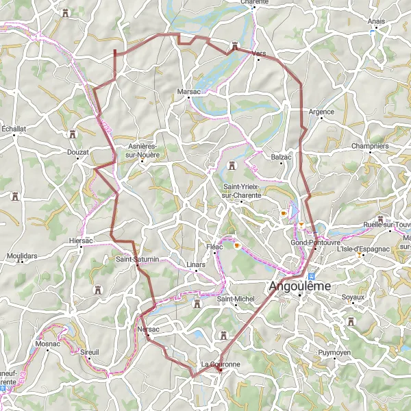 Miniature de la carte de l'inspiration cycliste "Boucle des Châteaux" dans la Poitou-Charentes, France. Générée par le planificateur d'itinéraire cycliste Tarmacs.app
