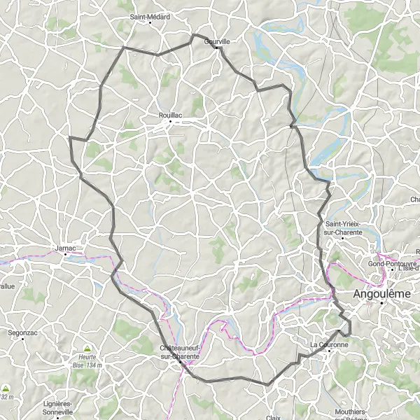 Miniature de la carte de l'inspiration cycliste "Tour du Cognac" dans la Poitou-Charentes, France. Générée par le planificateur d'itinéraire cycliste Tarmacs.app