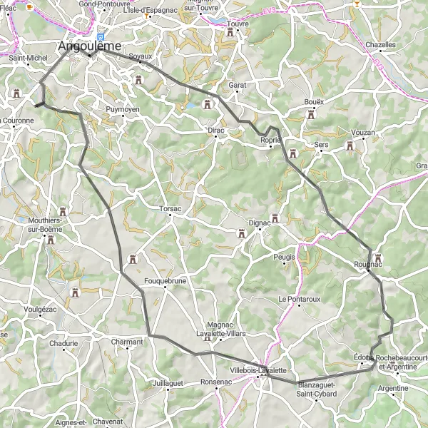 Map miniature of "Picturesque Road Cycling Route" cycling inspiration in Poitou-Charentes, France. Generated by Tarmacs.app cycling route planner