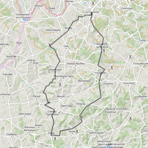 Miniature de la carte de l'inspiration cycliste "La Route des Châteaux de Charente" dans la Poitou-Charentes, France. Générée par le planificateur d'itinéraire cycliste Tarmacs.app