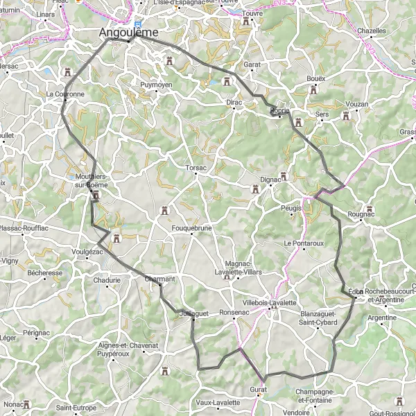 Map miniature of "Challenging Road Cycling Adventure" cycling inspiration in Poitou-Charentes, France. Generated by Tarmacs.app cycling route planner