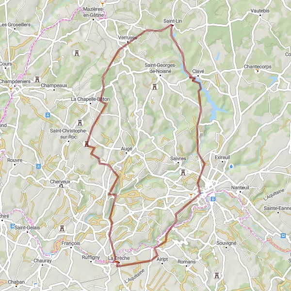 Map miniature of "Discover the Gravel Roads of Verruyes" cycling inspiration in Poitou-Charentes, France. Generated by Tarmacs.app cycling route planner