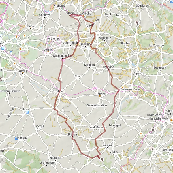 Map miniature of "Fressines Gravel Loop" cycling inspiration in Poitou-Charentes, France. Generated by Tarmacs.app cycling route planner