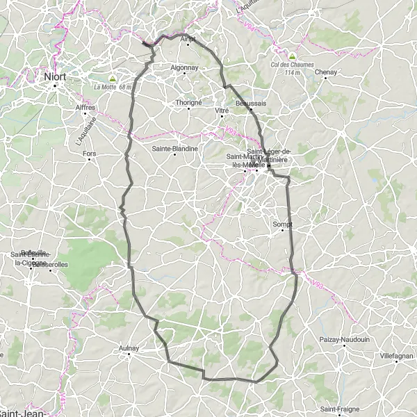 Map miniature of "Poitou-Charentes Loop" cycling inspiration in Poitou-Charentes, France. Generated by Tarmacs.app cycling route planner