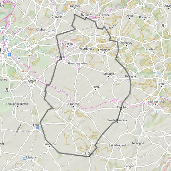 Miniature de la carte de l'inspiration cycliste "Tour des Villages Poitevins" dans la Poitou-Charentes, France. Générée par le planificateur d'itinéraire cycliste Tarmacs.app