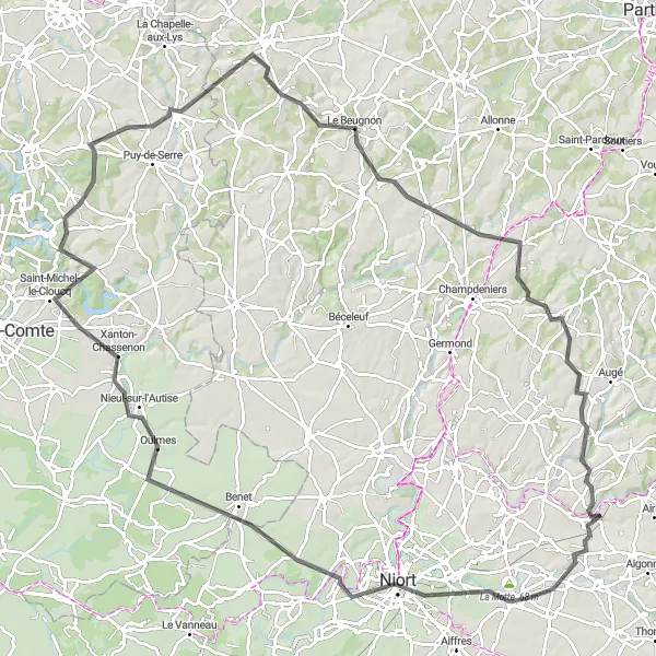 Map miniature of "La Motte Circuit and Beyond" cycling inspiration in Poitou-Charentes, France. Generated by Tarmacs.app cycling route planner