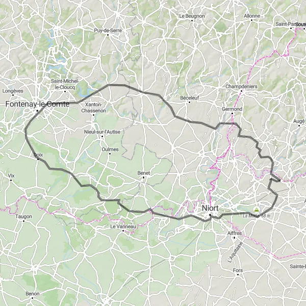 Map miniature of "Niort Countryside Tour" cycling inspiration in Poitou-Charentes, France. Generated by Tarmacs.app cycling route planner