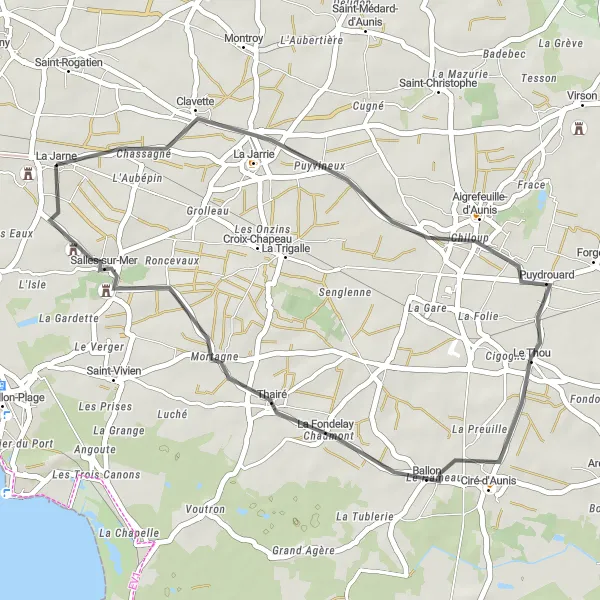 Map miniature of "Circuit du Marais" cycling inspiration in Poitou-Charentes, France. Generated by Tarmacs.app cycling route planner