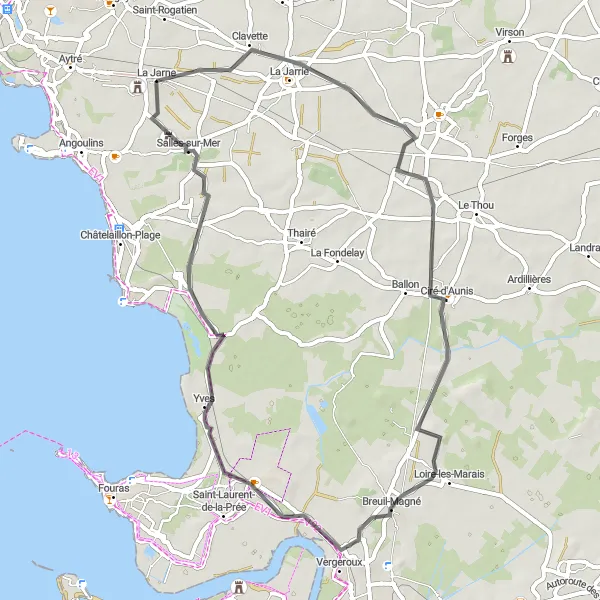 Map miniature of "La Jarne to Salles-sur-Mer Coastal Ride" cycling inspiration in Poitou-Charentes, France. Generated by Tarmacs.app cycling route planner