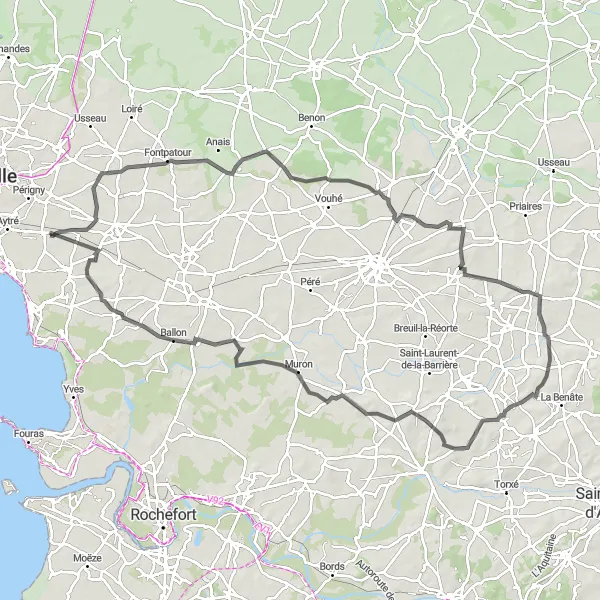 Map miniature of "La Jarne to Thairé Loop" cycling inspiration in Poitou-Charentes, France. Generated by Tarmacs.app cycling route planner