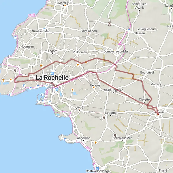 Miniature de la carte de l'inspiration cycliste "Boucle de Puilboreau à La Jarrie" dans la Poitou-Charentes, France. Générée par le planificateur d'itinéraire cycliste Tarmacs.app
