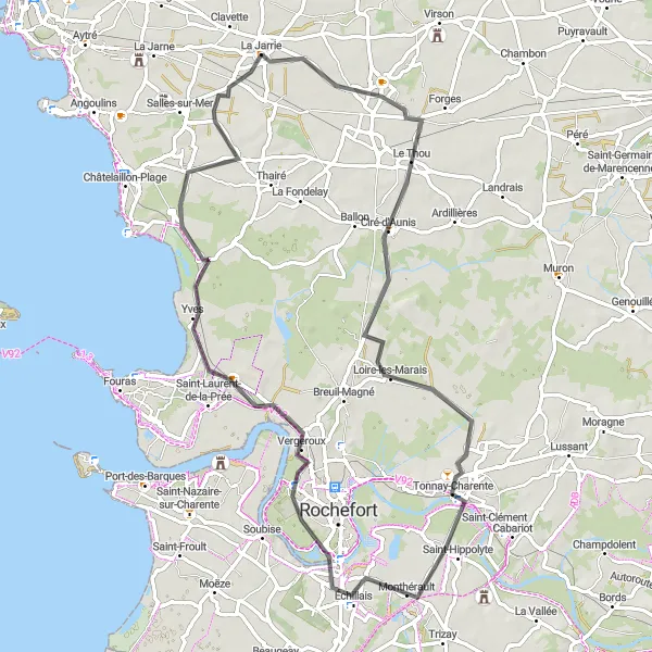 Miniature de la carte de l'inspiration cycliste "Boucle des Charentes" dans la Poitou-Charentes, France. Générée par le planificateur d'itinéraire cycliste Tarmacs.app
