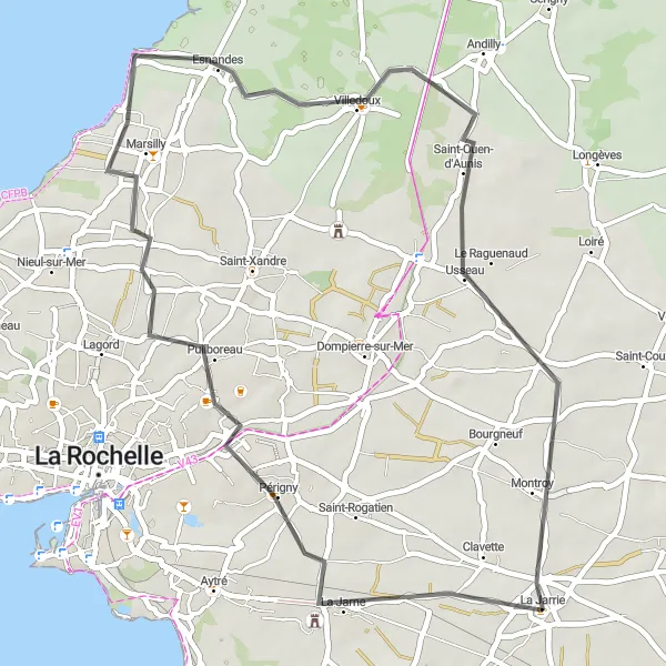Miniature de la carte de l'inspiration cycliste "Tour de La Jarne" dans la Poitou-Charentes, France. Générée par le planificateur d'itinéraire cycliste Tarmacs.app
