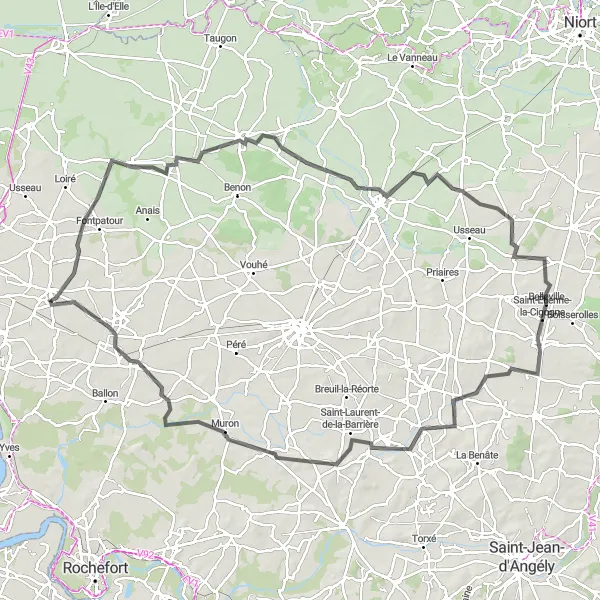 Miniature de la carte de l'inspiration cycliste "Parcours entre Nuaillé-d'Aunis et Puyvineux" dans la Poitou-Charentes, France. Générée par le planificateur d'itinéraire cycliste Tarmacs.app