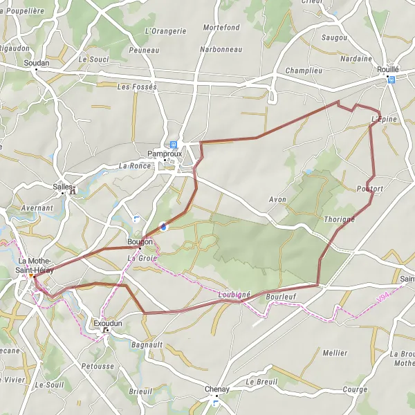 Map miniature of "Gravel Route from La Mothe-Saint-Héray to Bougon" cycling inspiration in Poitou-Charentes, France. Generated by Tarmacs.app cycling route planner