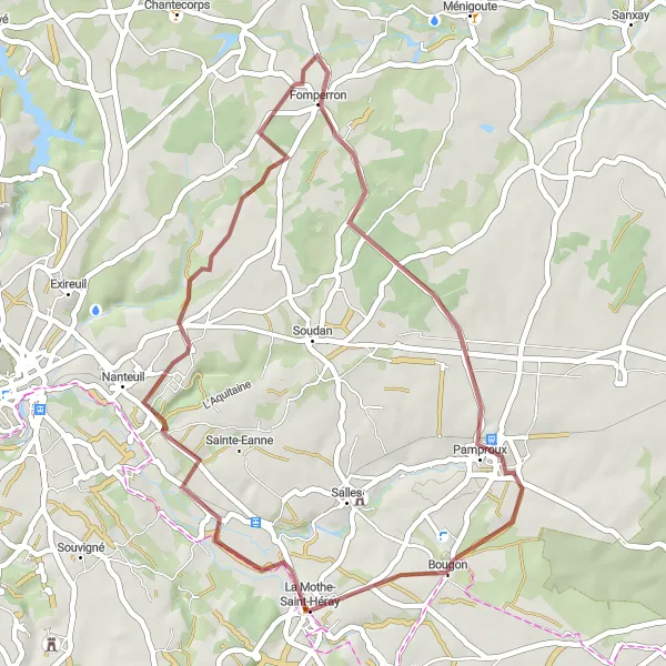 Map miniature of "Gravel Route from La Mothe-Saint-Héray to Fomperron" cycling inspiration in Poitou-Charentes, France. Generated by Tarmacs.app cycling route planner