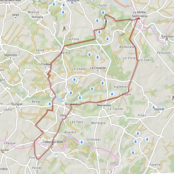 Map miniature of "Gravel Route from La Mothe-Saint-Héray to Vitré" cycling inspiration in Poitou-Charentes, France. Generated by Tarmacs.app cycling route planner