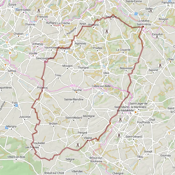 Map miniature of "Gravel Route from La Mothe-Saint-Héray to Romans" cycling inspiration in Poitou-Charentes, France. Generated by Tarmacs.app cycling route planner