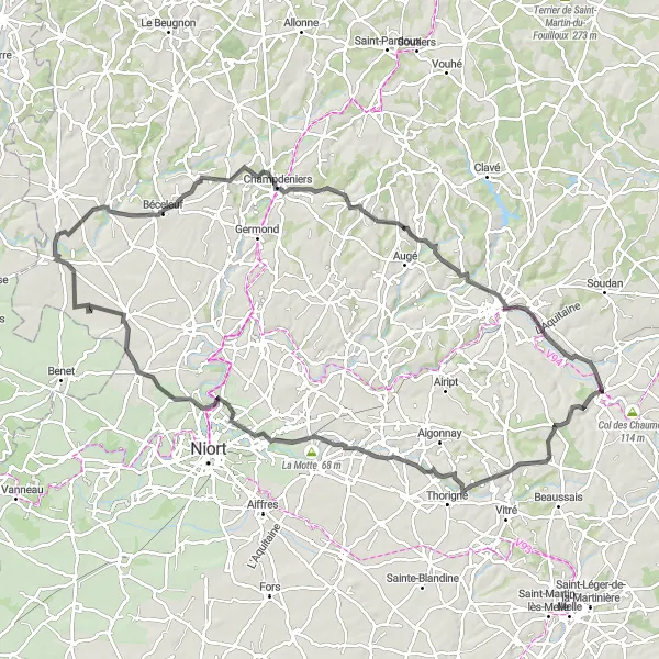 Map miniature of "La Mothe-Saint-Héray Circuit" cycling inspiration in Poitou-Charentes, France. Generated by Tarmacs.app cycling route planner