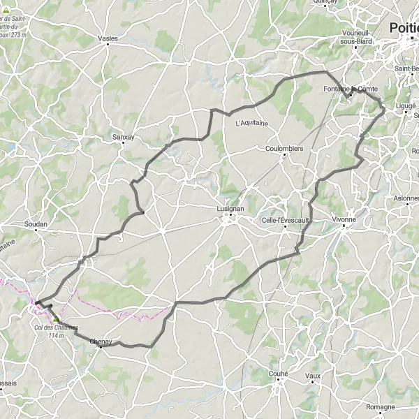 Miniature de la carte de l'inspiration cycliste "Le Charme de la Vienne" dans la Poitou-Charentes, France. Générée par le planificateur d'itinéraire cycliste Tarmacs.app