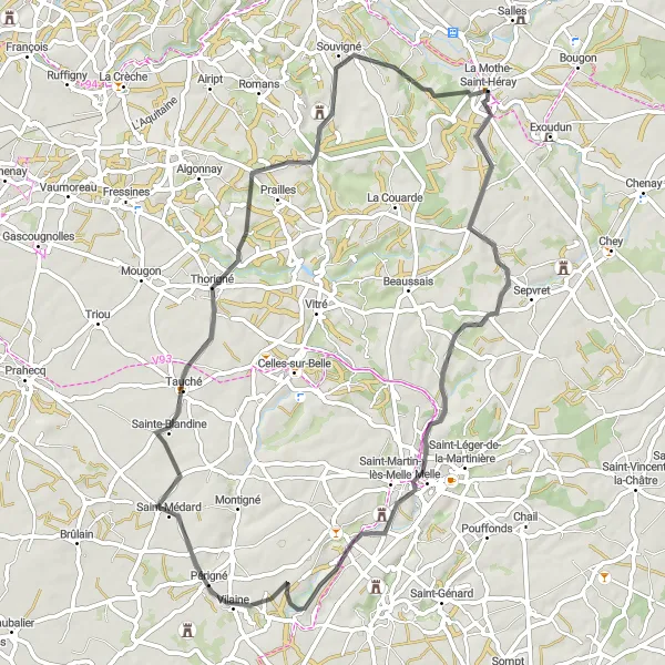 Map miniature of "Scenic Road Adventure" cycling inspiration in Poitou-Charentes, France. Generated by Tarmacs.app cycling route planner