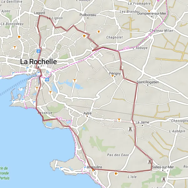 Map miniature of "Gravel Ride to Saint-Rogatien and La Rochelle" cycling inspiration in Poitou-Charentes, France. Generated by Tarmacs.app cycling route planner