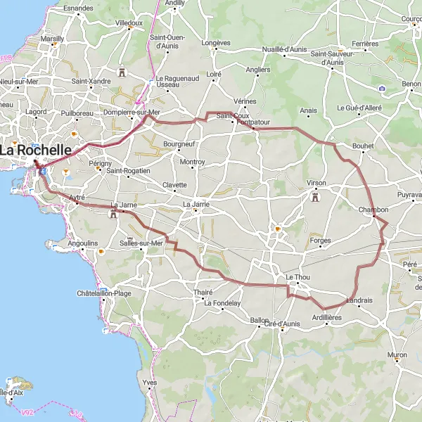 Miniature de la carte de l'inspiration cycliste "Tour à vélo autour de La Jarne" dans la Poitou-Charentes, France. Générée par le planificateur d'itinéraire cycliste Tarmacs.app