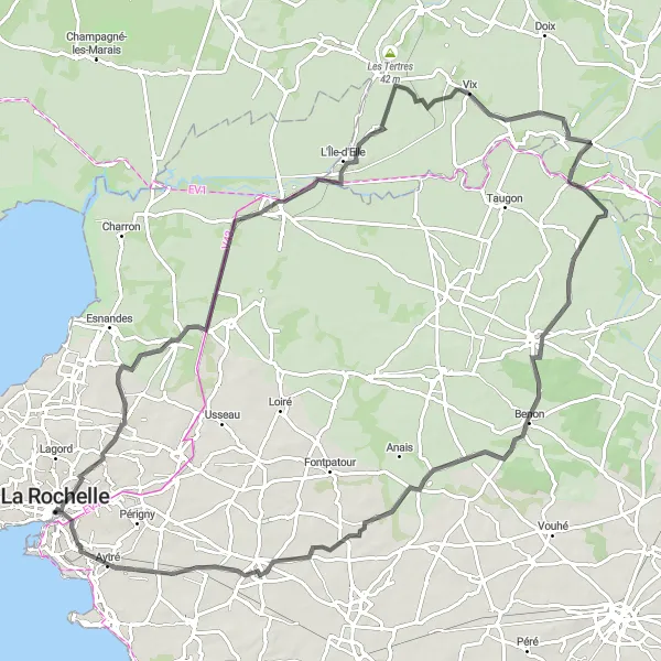 Map miniature of "Road Route to Villedoux and Courçon" cycling inspiration in Poitou-Charentes, France. Generated by Tarmacs.app cycling route planner