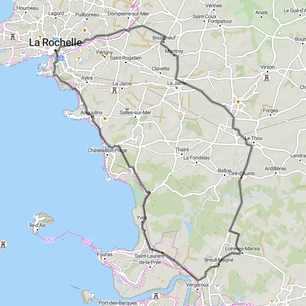 Map miniature of "Road Route to Dompierre-sur-Mer and Breuil-Magné" cycling inspiration in Poitou-Charentes, France. Generated by Tarmacs.app cycling route planner