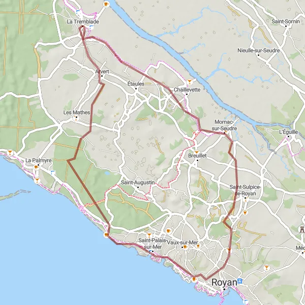 Miniature de la carte de l'inspiration cycliste "Aventure gravel jusqu'à Arvert" dans la Poitou-Charentes, France. Générée par le planificateur d'itinéraire cycliste Tarmacs.app