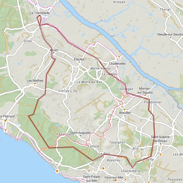 Map miniature of "Discover Chaillevette and Saint-Sulpice-de-Royan by Gravel Bike" cycling inspiration in Poitou-Charentes, France. Generated by Tarmacs.app cycling route planner