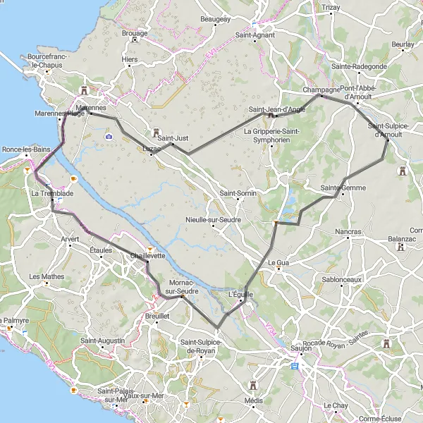 Miniature de la carte de l'inspiration cycliste "La Tremblade - Chaillevette Road Cycling Route" dans la Poitou-Charentes, France. Générée par le planificateur d'itinéraire cycliste Tarmacs.app