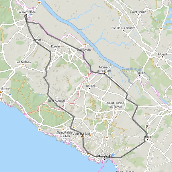 Miniature de la carte de l'inspiration cycliste "Parcours pittoresque autour de La Tremblade" dans la Poitou-Charentes, France. Générée par le planificateur d'itinéraire cycliste Tarmacs.app