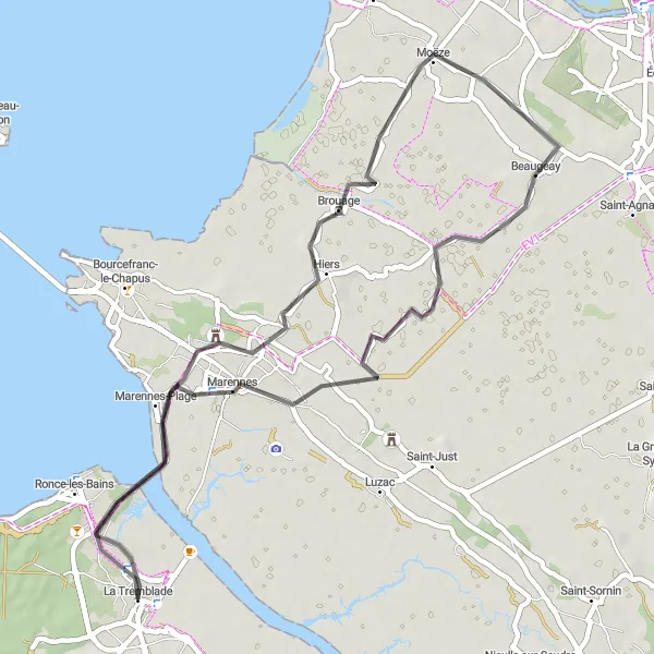 Map miniature of "From La Tremblade to Marennes" cycling inspiration in Poitou-Charentes, France. Generated by Tarmacs.app cycling route planner