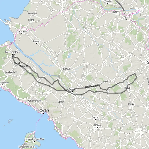 Map miniature of "Varied Loop to Arvert and Saujon" cycling inspiration in Poitou-Charentes, France. Generated by Tarmacs.app cycling route planner