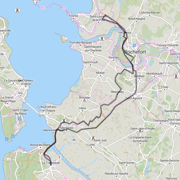 Map miniature of "From La Tremblade to Rochefort" cycling inspiration in Poitou-Charentes, France. Generated by Tarmacs.app cycling route planner
