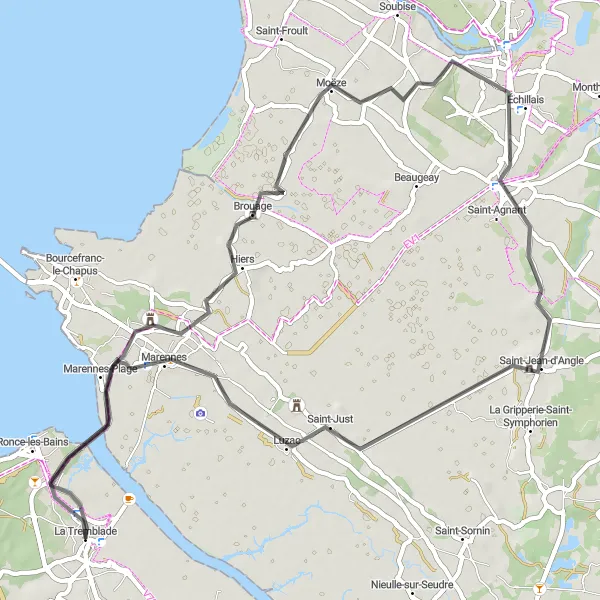 Map miniature of "Coastal Route to Brouage and Marennes" cycling inspiration in Poitou-Charentes, France. Generated by Tarmacs.app cycling route planner