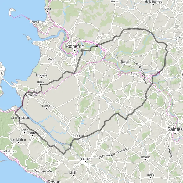 Miniature de la carte de l'inspiration cycliste "Tour complet de la région de La Tremblade" dans la Poitou-Charentes, France. Générée par le planificateur d'itinéraire cycliste Tarmacs.app