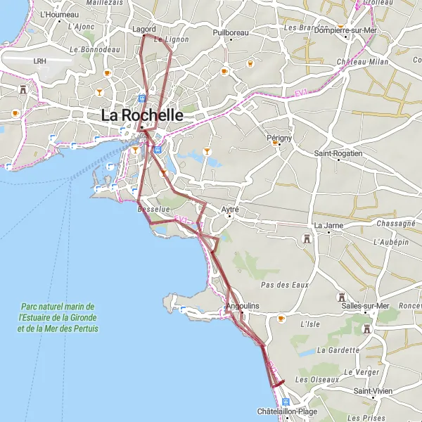 Miniature de la carte de l'inspiration cycliste "Découverte des Marais de La Rochelle" dans la Poitou-Charentes, France. Générée par le planificateur d'itinéraire cycliste Tarmacs.app