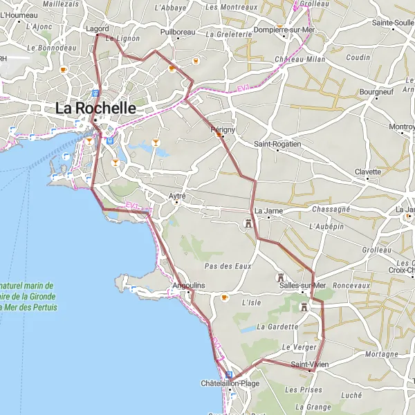 Map miniature of "La Jarne and Angoulins Gravel Loop" cycling inspiration in Poitou-Charentes, France. Generated by Tarmacs.app cycling route planner