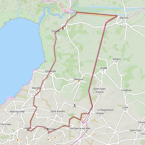 Miniature de la carte de l'inspiration cycliste "La boucle d'Esnandes" dans la Poitou-Charentes, France. Générée par le planificateur d'itinéraire cycliste Tarmacs.app
