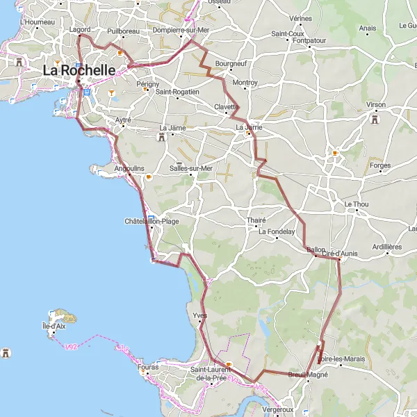 Map miniature of "Gravel adventure in La Rochelle surroundings" cycling inspiration in Poitou-Charentes, France. Generated by Tarmacs.app cycling route planner