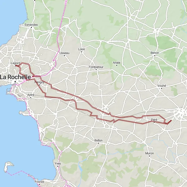 Map miniature of "Scenic gravel route from Lagord to Puilboreau" cycling inspiration in Poitou-Charentes, France. Generated by Tarmacs.app cycling route planner