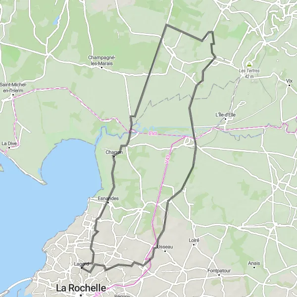 Map miniature of "Lagord to Esnandes loop" cycling inspiration in Poitou-Charentes, France. Generated by Tarmacs.app cycling route planner