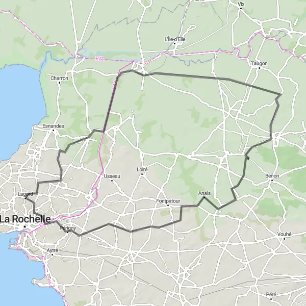 Map miniature of "Saint-Xandre and Courçon Road Cycling Loop" cycling inspiration in Poitou-Charentes, France. Generated by Tarmacs.app cycling route planner